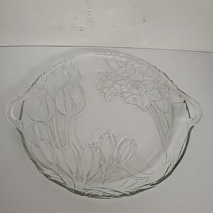 Hand Decorated Crystal 15" Satin‎ Bouquet Round Cake Platter w/Handles